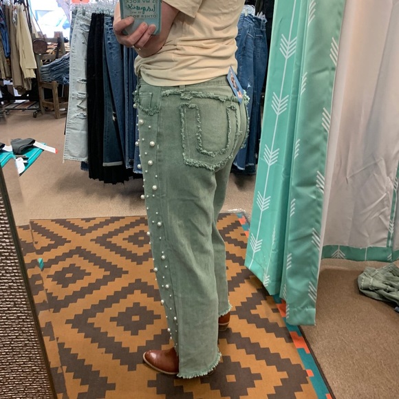 POL Sage Green Beaded Distressed Raw Hem Straight Leg Denim - Picture 3 of 5